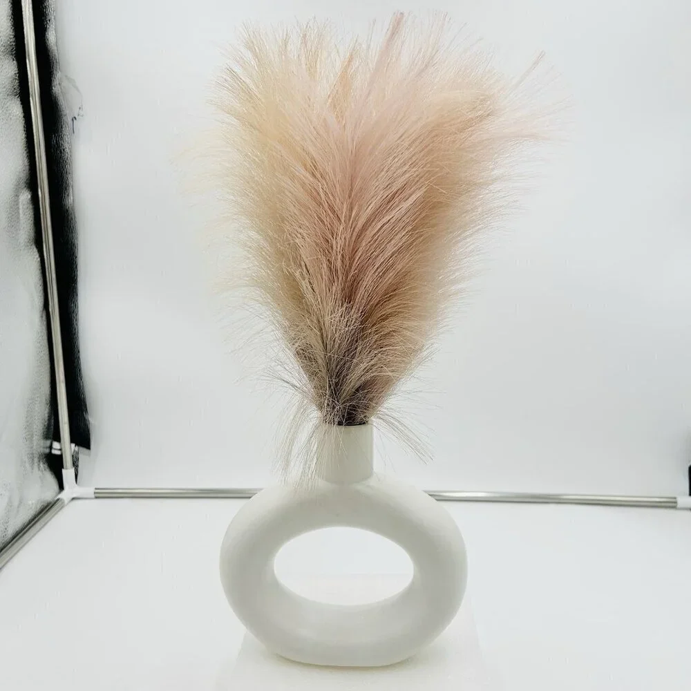 White Ceramic Vases Faux Pampas Grass Water Drop Design Doughnut Vase Modern